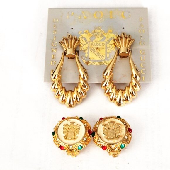 ❤️Lot 2 PAOLO GUCCI Gold Tone and Jeweled Clip Earrings - Picture 1 of 9